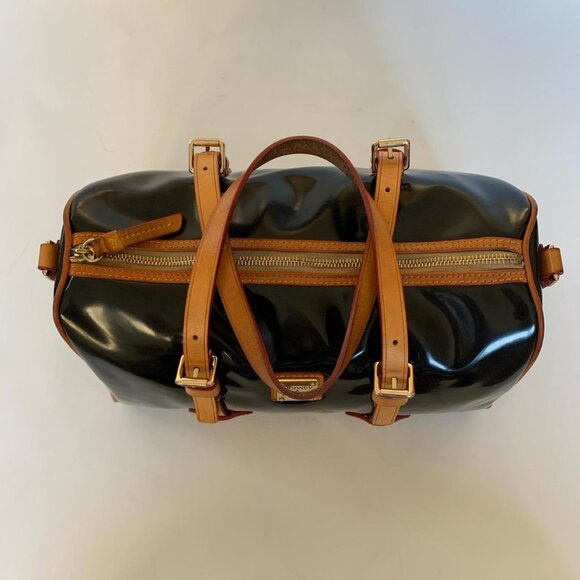 Dooney & Bourke black patent leather satchel with tan leather trim - Picture 4 of 8